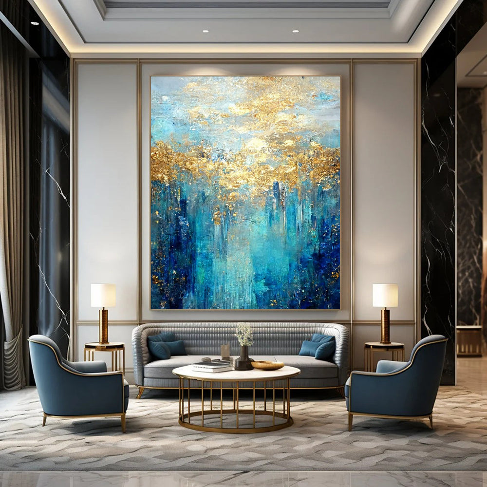 “Turquoise - Gold Abstract Forest” - Abstract Expressionist Painting On Canvas DTP065