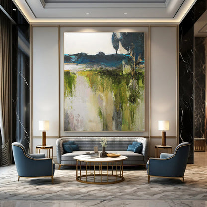 “Abstract Landscape Revisited” - Green, Blue, Gray & White Nature - Inspired Painting On Canvas DKH1022