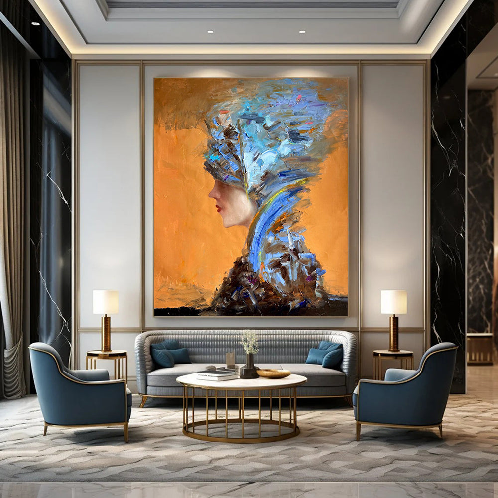 “Orange, Blue, Brown Textured Portrait ‘Eccentric Elegance’” - Impasto Figurative Painting On Canvas DTP348