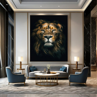 “Majestic Lion in Shadow” - Realistic Wildlife Portrait Painting On Canvas DKH1618