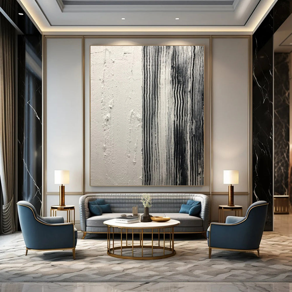 “White, Black Textured Stripes ‘Industrial Calm’” - Impasto Abstract Painting On Canvas DTP382