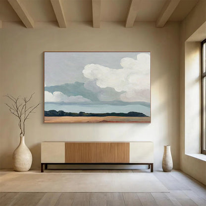 “Soft Clouds Over Earthy Field” - Minimalist Landscape Painting On Canvas DKH793