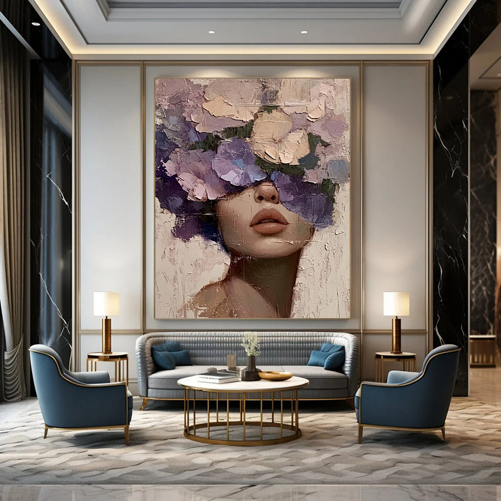 “Purple, Pink, Beige Floral Face ‘Blossom Beauty’” - Textured Figurative Painting On Canvas DTP329
