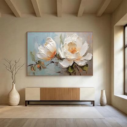 White Peonies with Textured Petals - Impasto Floral Painting On Canvas DLZ174