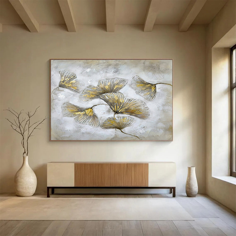“Gilded Ginkgo Leaves” - Textured Botanical Painting On Canvas DKH790