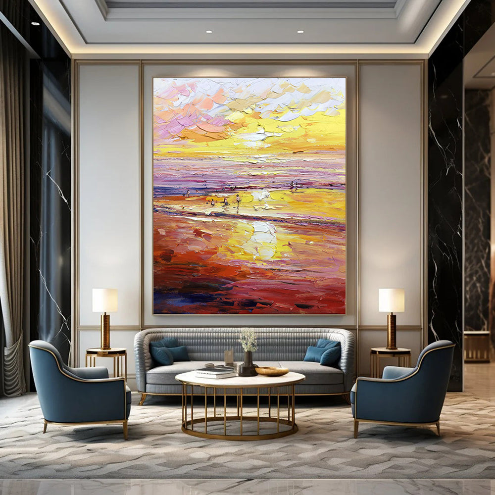 Vibrant Sunset Beach in Warm Hues - Impressionistic Landscape Painting On Canvas DKH1306