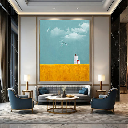 Lighthouse in Golden Field Under Blue Sky - Landscape Painting On Canvas DKH1429