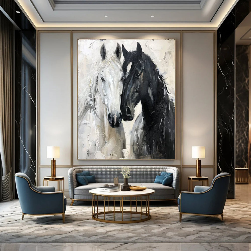 “Black & White Equine Bond” – Impasto Animal Painting On Canvas CT2122