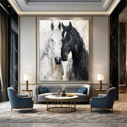 “Black & White Equine Bond” – Impasto Animal Painting On Canvas CT2122