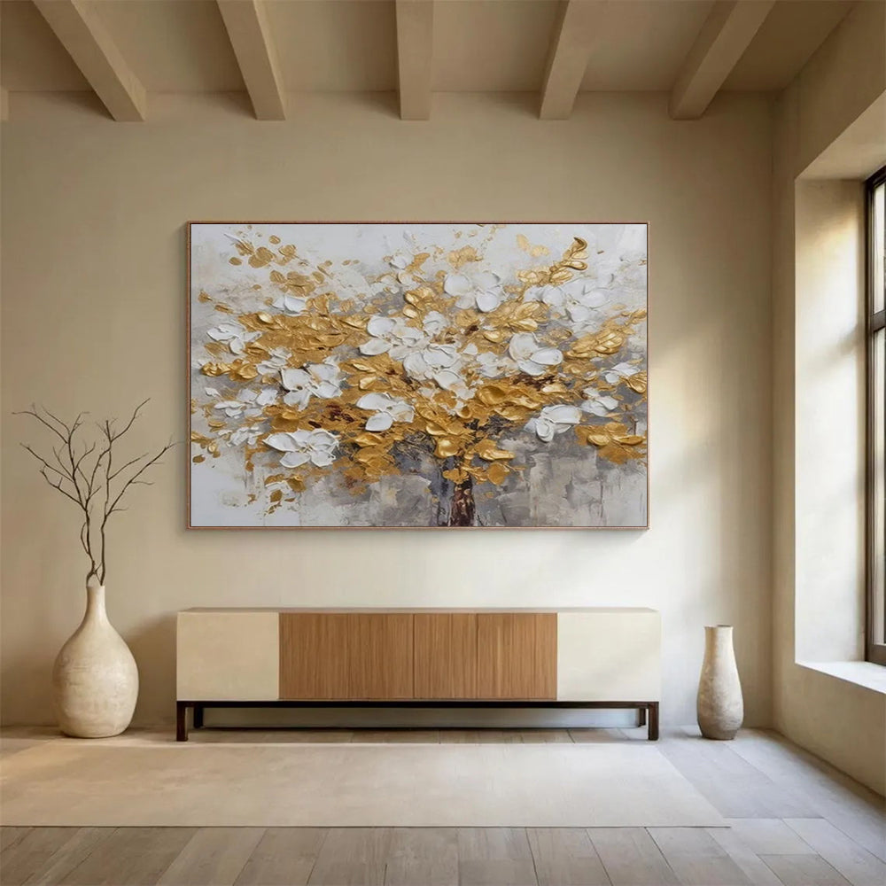Gold and White Flower Tree - Impasto Floral Painting On Canvas DLZ246