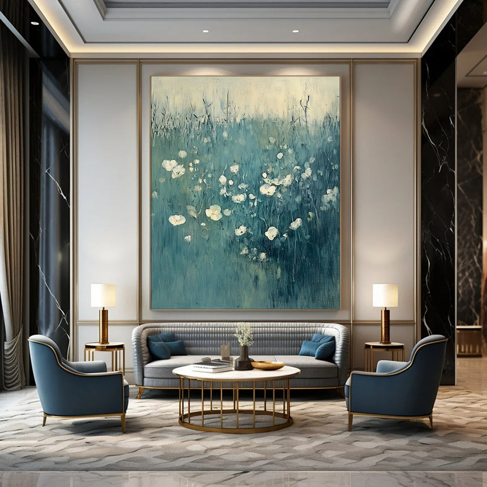 “Teal Field with White Flowers” - Impressionistic Oil Painting CT1933