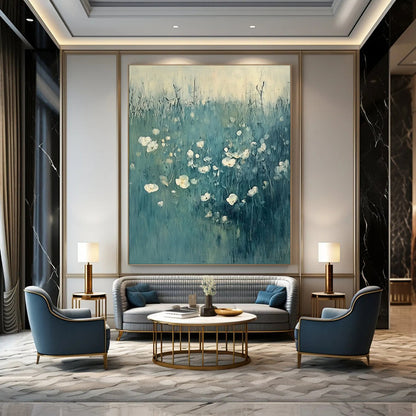 “Teal Field with White Flowers” - Impressionistic Oil Painting CT1933