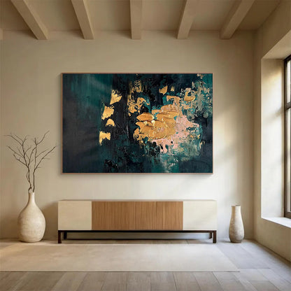 Teal and Gold Accents Dark Toned Abstract with Metallic Highlights Painting On Canvas DKH262