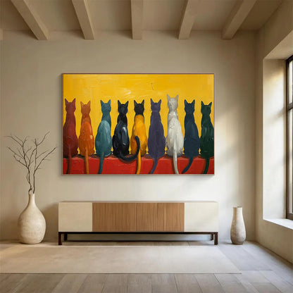 “Colorful Cat Lineup” - Whimsical Animal Painting On Canvas DKH838