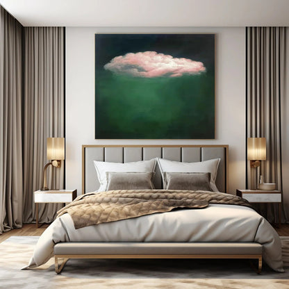 Pink Cloud, Deep Green Background - "Floating Fantasy" - Surrealist Oil Painting CT1442