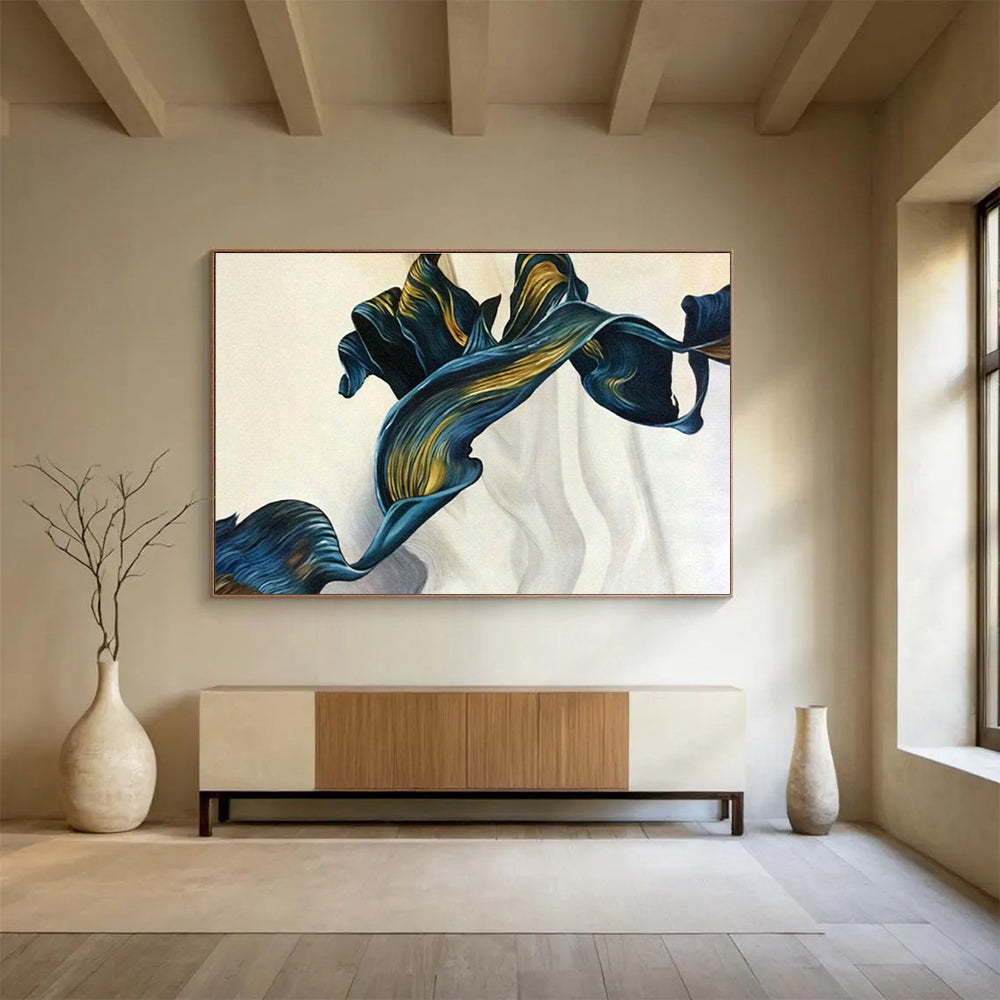 Blue and Gold Ribbon - Like “Ethereal Fabric Flow” Painting On Canvas DKH160