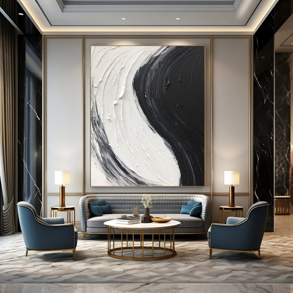 “Black, White Swirl ‘Yin - Yang Flow’” - Impasto Abstract Painting On Canvas DTP376