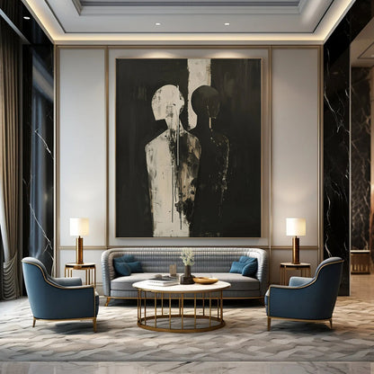 “Black and White Abstract Figures” – Expressionistic Oil Painting On Canvas CT2171