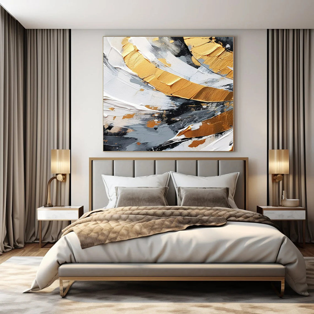 Black - White Gold Swirl - Abstract Impasto Oil Painting CT1243