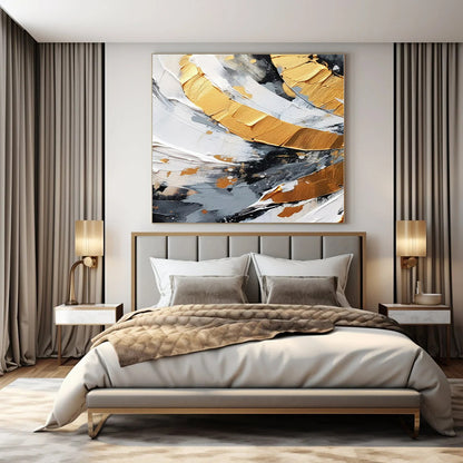 Black - White Gold Swirl - Abstract Impasto Oil Painting CT1243