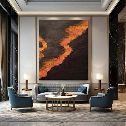 “Dark - Toned Orange Streaks” - Black & Orange Expressive Painting On Canvas DKH0961