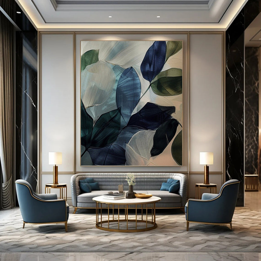 “Translucent Leaf Abstraction” - Blue, Green & White Watercolor - Style Painting On Canvas DKH0972