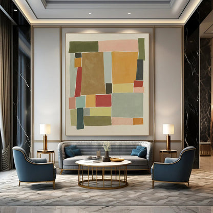 “Pastel Geometric Collage” - Pink, Green & Blue Minimalist Painting On Canvas DKH0964