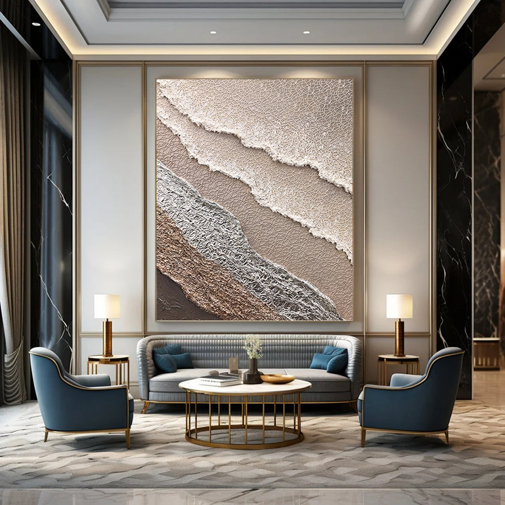 “Beige, White & Silver Textured Layered Abstract” Painting On Canvas DKH0988