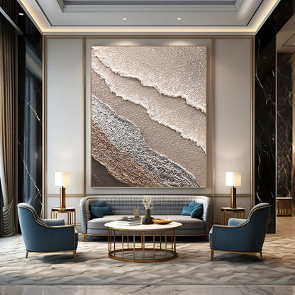 “Beige, White & Silver Textured Layered Abstract” Painting On Canvas DKH0988