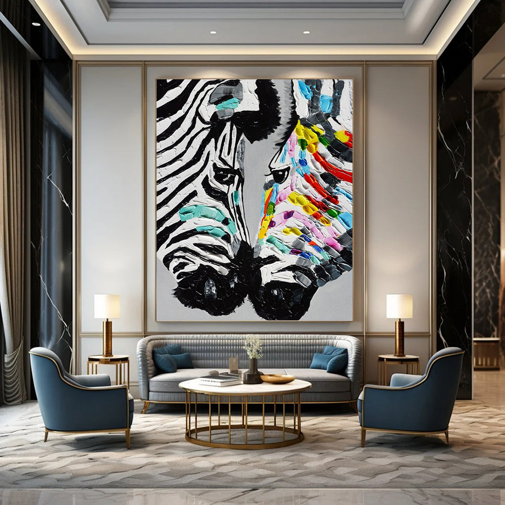 “Colorful Stripes” - Black, White & Colorful Textured Zebra Painting On Canvas DKH1545