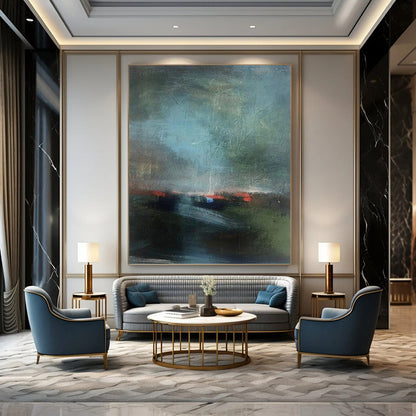 Misty Landscape in Muted Greens and Blues - Abstract Landscape Painting On Canvas DKH1408