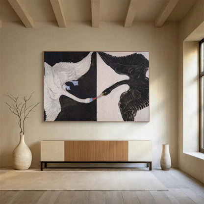 Black and White Swans “Contrasting Avian Encounter” Painting On Canvas DKH125