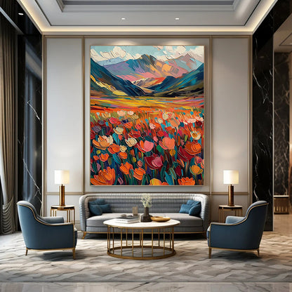 “Color - Burst Mountain Meadow with Vivid Florals” - Abstract Expressionist Landscape Painting On Canvas DKH1597