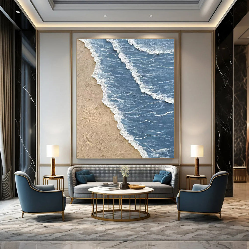 “Blue, White, Beige Textured Shore ‘Serene Coastline’” - Impasto Beach Painting On Canvas DTP333