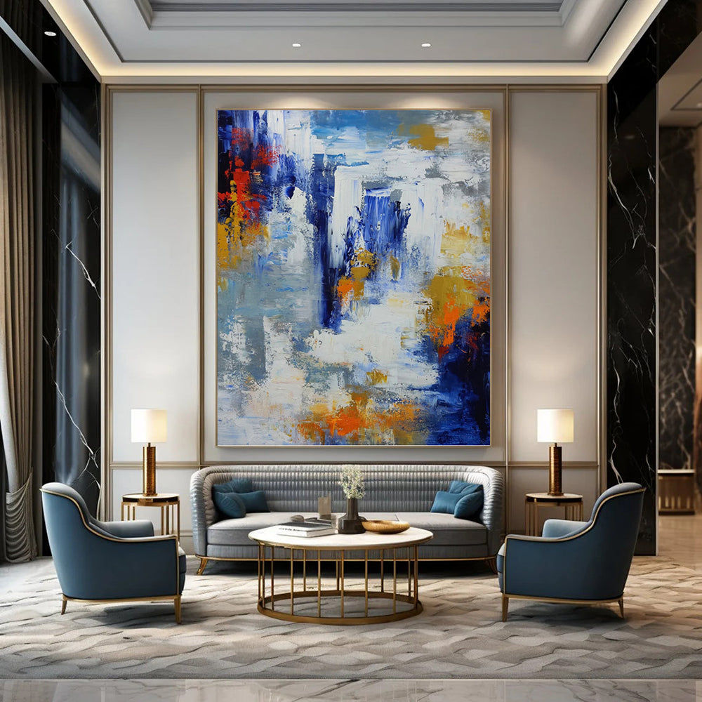 Vibrant Blue, White, and Orange Abstract - Abstract Painting On Canvas DKH1338