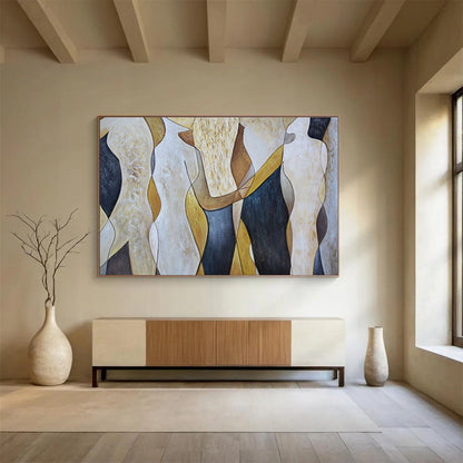 “Abstract Figures in Earth Tones” - Brown, Beige, Black Shaped Forms Painting On Canvas DKH731
