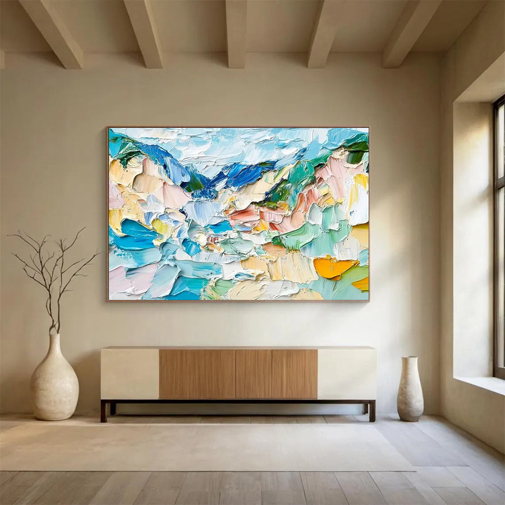 “Color - Blocked Impasto Mountains” - Abstract Landscape Painting On Canvas DKH804