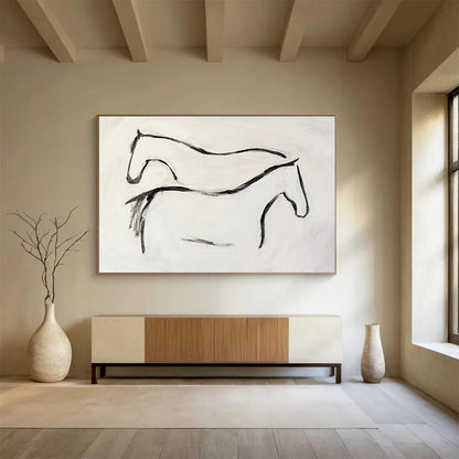 “Ink - Drawn Equine Silhouettes” - Black, White Minimalist Horse Painting On Canvas DKH751