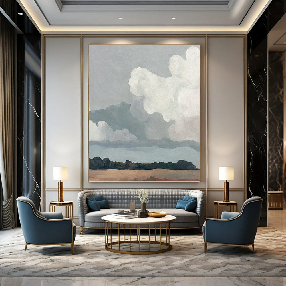 Minimalist Clouds Over Landscape - Landscape Painting On Canvas DKH1430