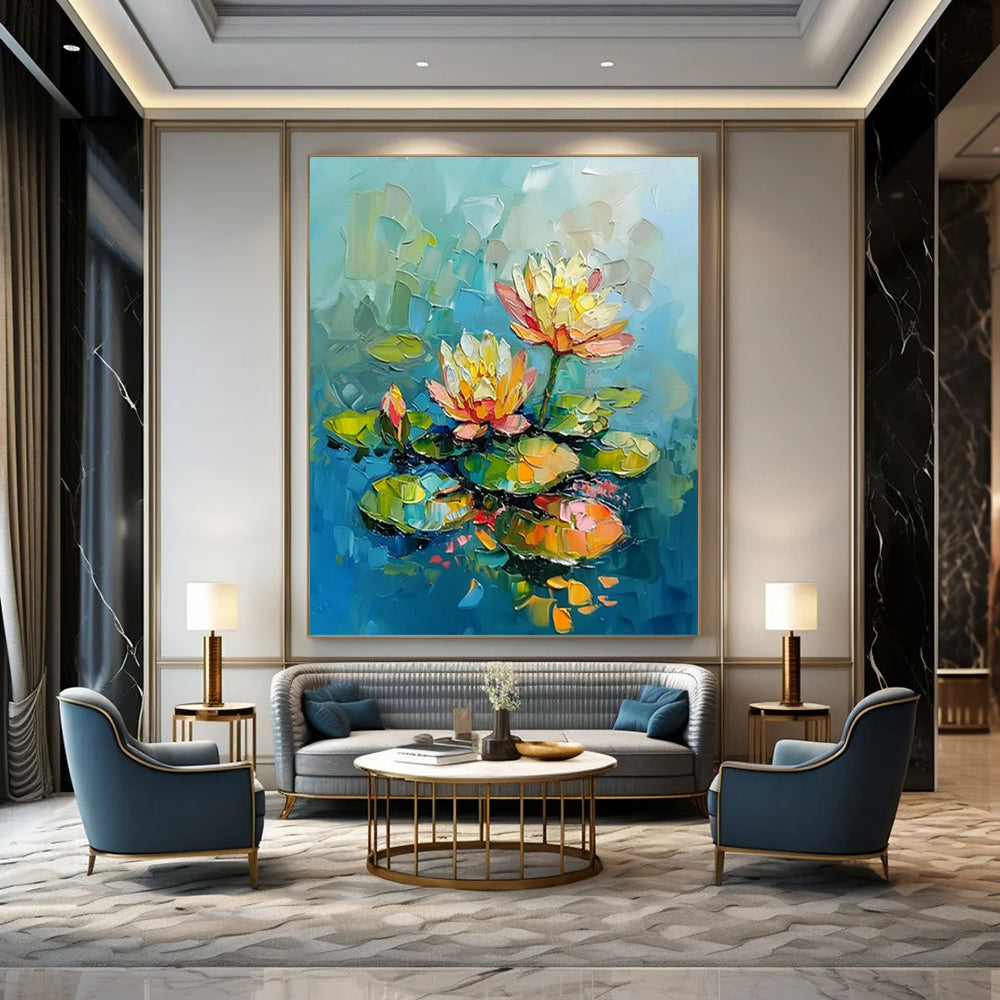 “Water Lilies” - Colorful Impasto Floral Painting On Canvas CT2240