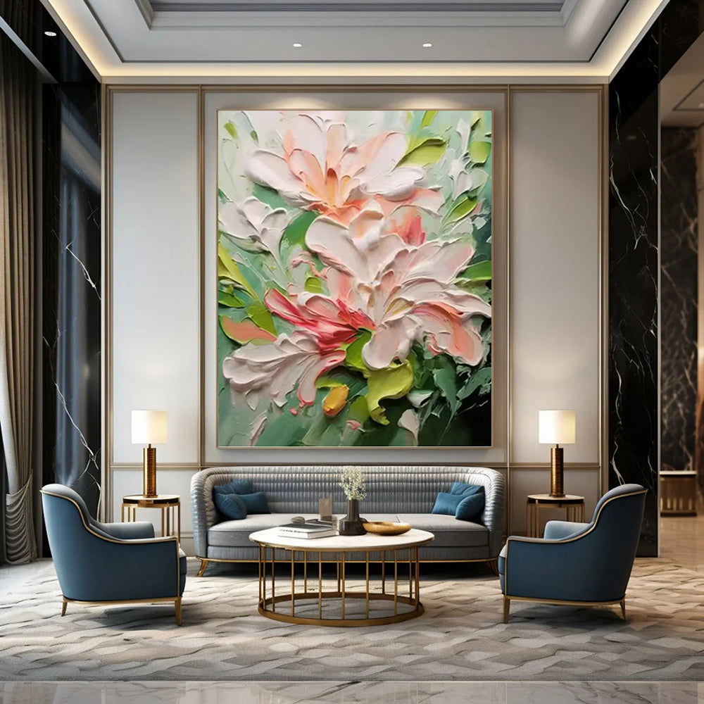 Pink and Green Floral Impasto - Textured Flower Painting On Canvas DKH1396