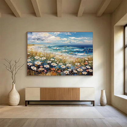 “Seaside Wildflowers”：Impasto Coastal Landscape Painting On Canvas DKH255