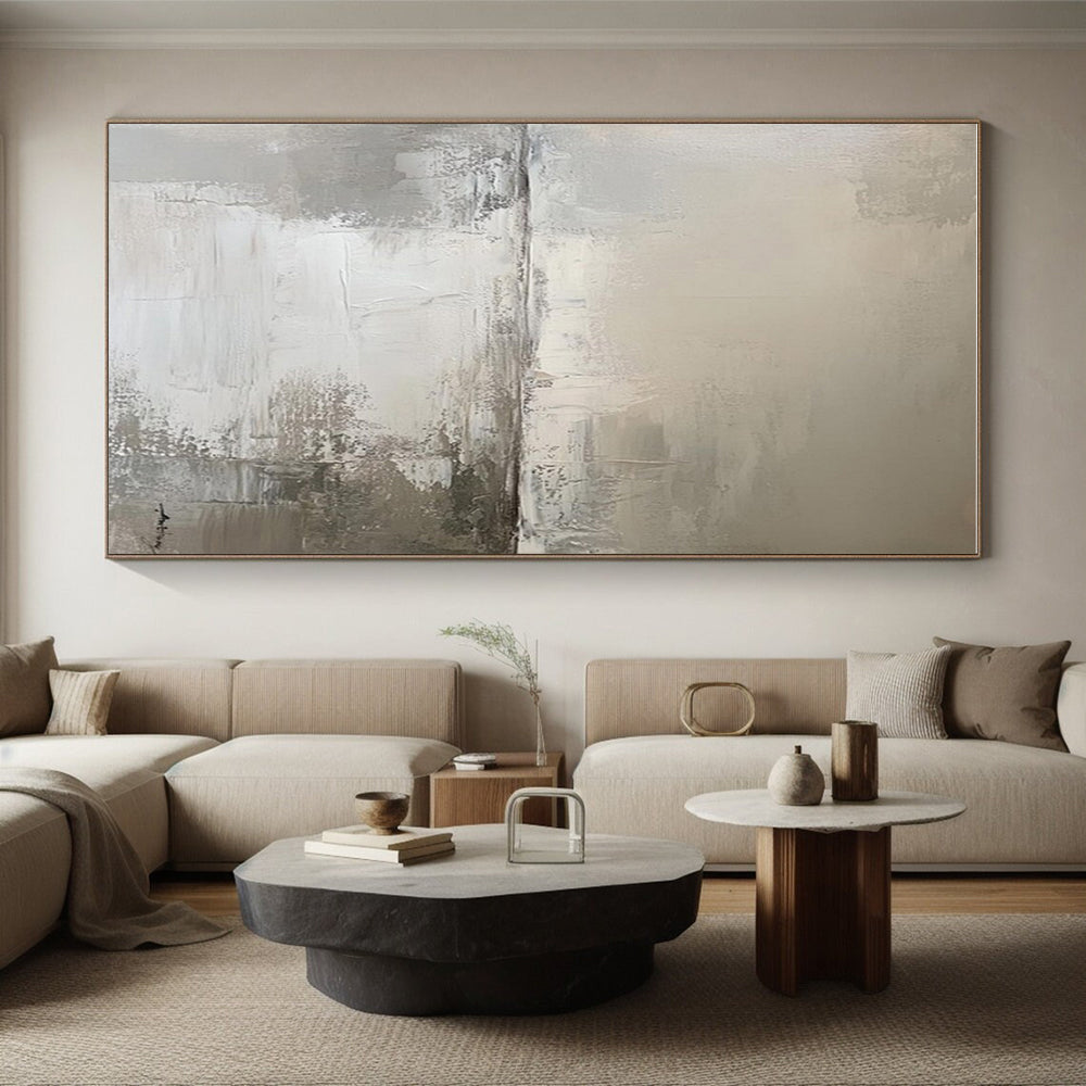 Gray & White Textured Landscape, “Misty Horizon” - Impasto Abstract Landscape Painting CT0772