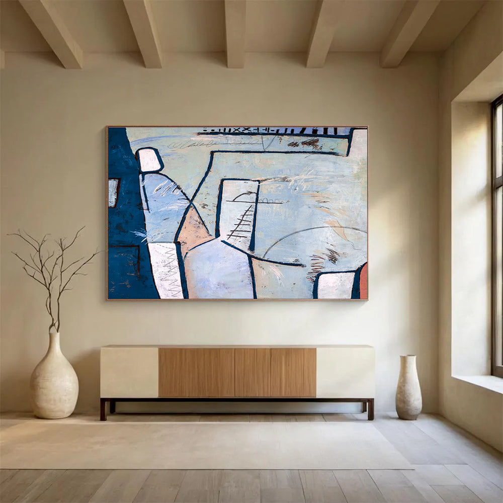 “Blue - Pink Geometric Layers” Abstract Mixed - Media Painting On Canvas DKH547