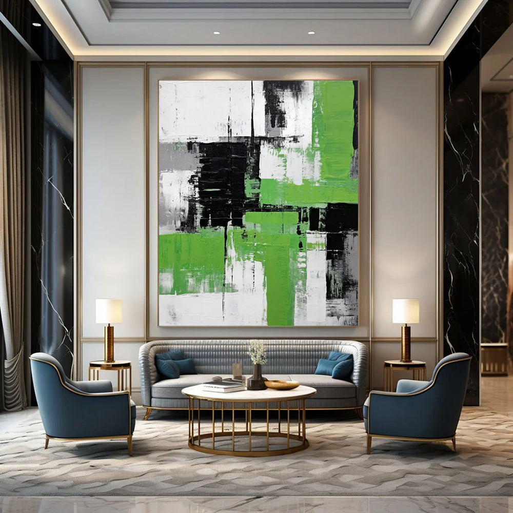 Black, White & Green Abstract - Color - Block Abstract Painting On Canvas CT2267