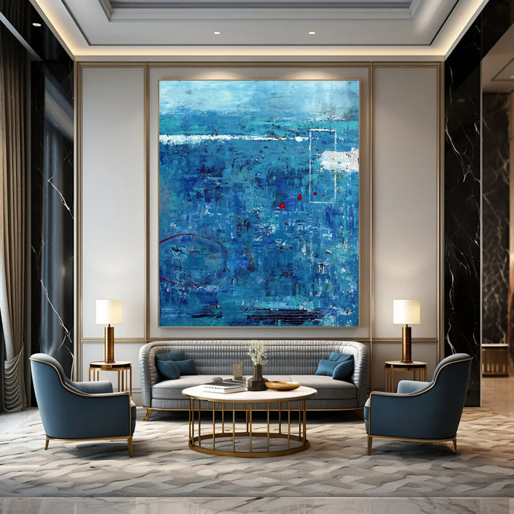 “Oceanic Abstract - Blues, Reds, and Textured Layers” Painting On Canvas CT2389