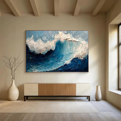 “Textured Ocean Wave” - Blue, White Impasto Seascape Painting On Canvas DKH766