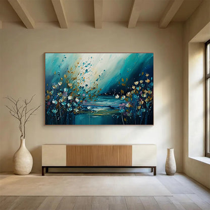 Riverbank Blooms - Teal & Gold Floral Landscape Painting On Canvas DKH879