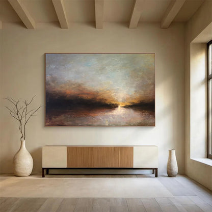 “Crackled Texture Sunset River” - Textured Landscape Painting On Canvas DKH774