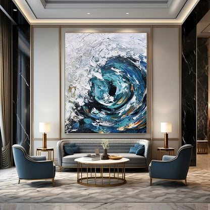 Turquoise and White Swirling Wave - Abstract Impasto Painting On Canvas DKH1295
